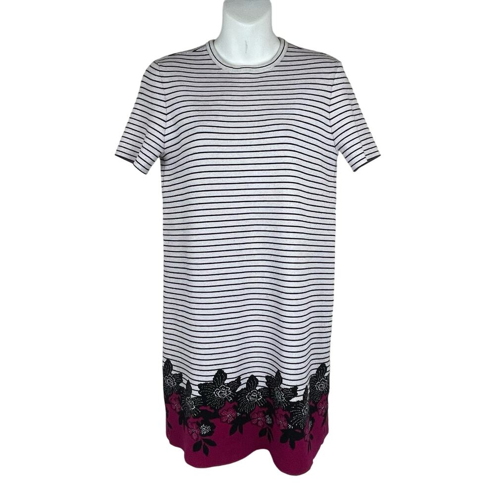A.L.C Knit Shift Dress Size S – Striped‎ Stretch Knee Length with Floral Hem